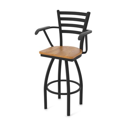 Holland Bar Stool Co Jackie with Arms 36 in. Swivel Bar Stool with Black Wrinkle Finish and Medium Oak Seat 415